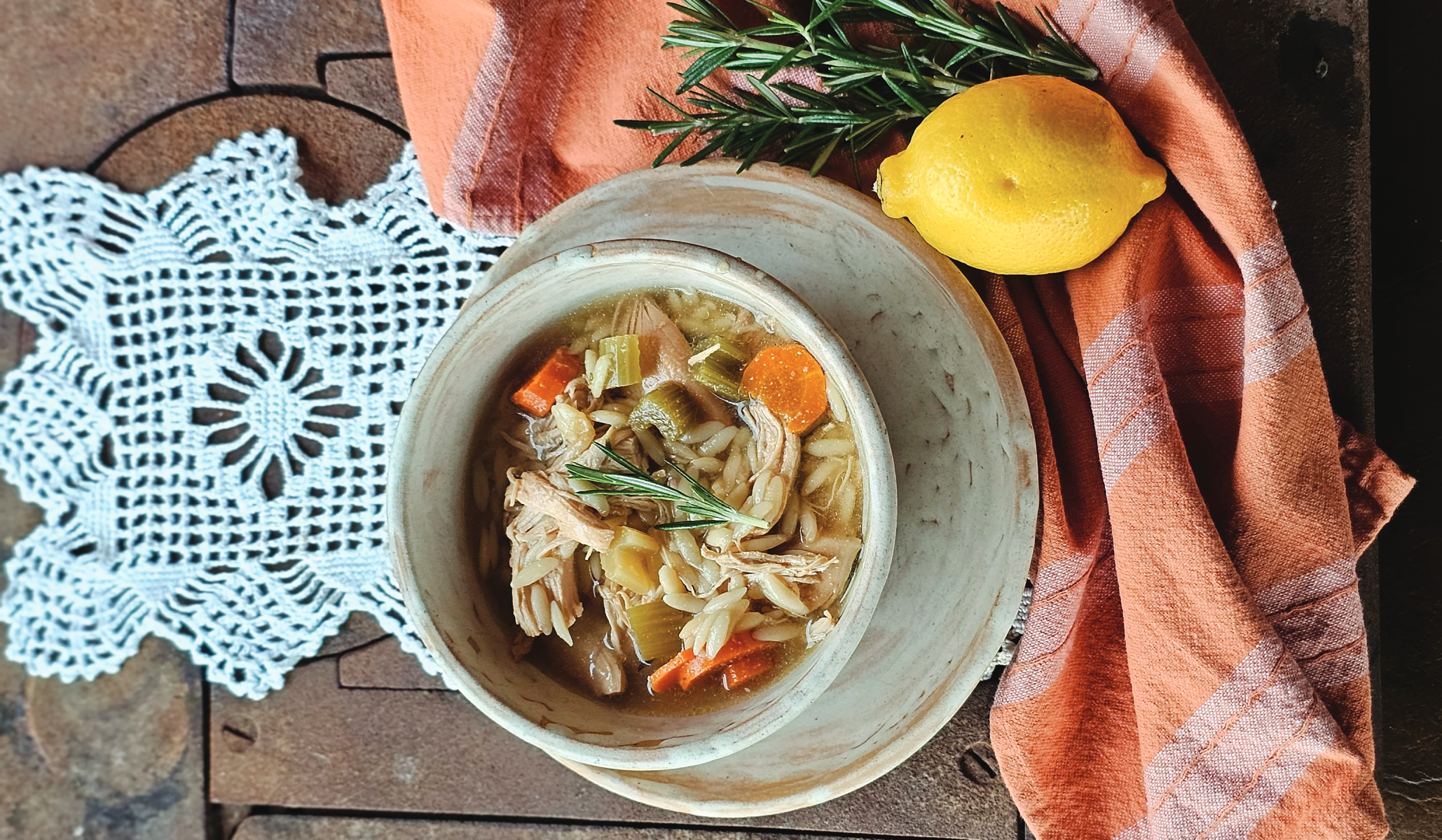 Rosemary, Lemon, & Chicken Orzo Soup in Slow Cooker